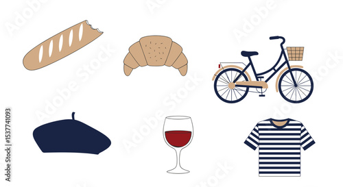 French culture icons set baguette croissant bicycle beret wine striped shirt vector illustration art