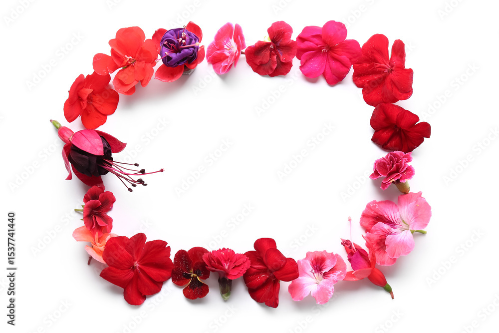 Fototapeta premium Frame made of different beautiful edible flowers on white background