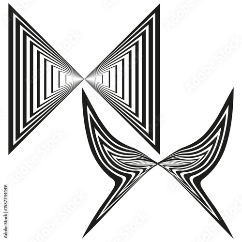 Triangular line illusion. Optical tunnel shape. Bold graphic geometry. Vector stripe depth.
