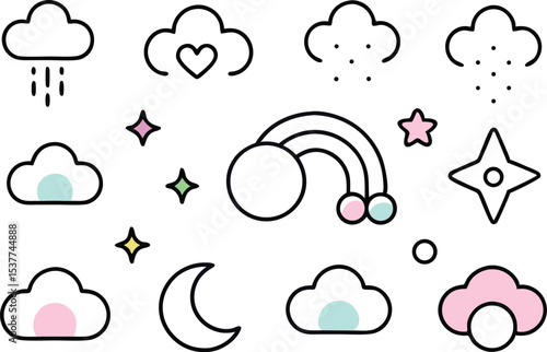 Dreamy night icons outline icon set isolated on transparent background