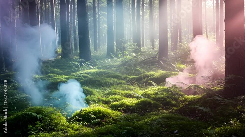 Sunlit Forest with Blue and Purple Smoke Rising Through the Tall Trees Creating A Mystical Atmosphere Over The Mossy Forest Floor