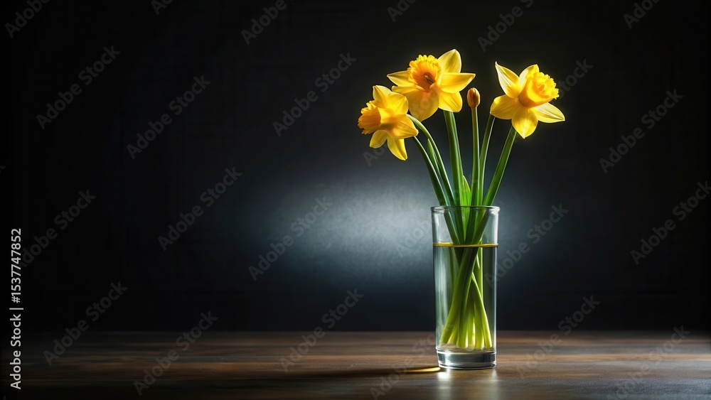 Fototapeta premium A captivating still life featuring vibrant yellow daffodils arranged in a clear glass vase, set against a dramatic dark background, illuminating the beauty of spring blossoms on a wooden surface.