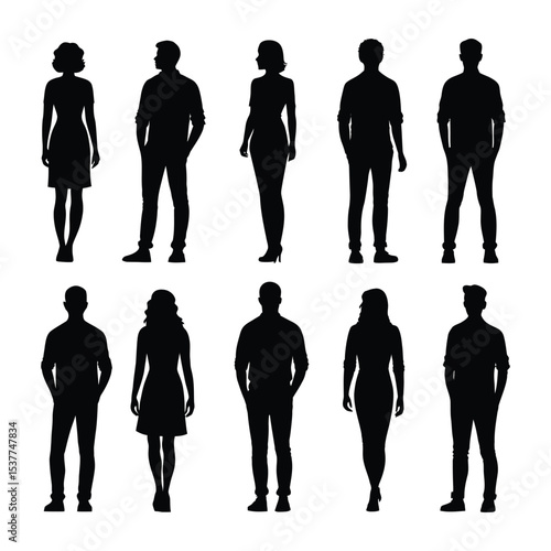 Silhouetted Collection: A diverse array of human forms, each a striking silhouette, elegantly poised against a clean background, inviting contemplation and hinting at endless stories.