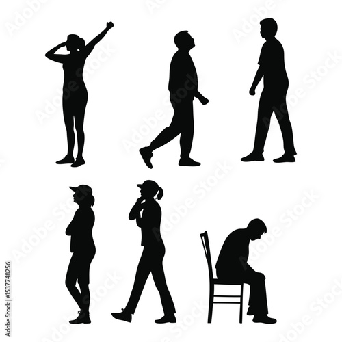 Silhouette Study: A striking collection of silhouette figures showcases a variety of postures and activities, embodying the essence of human form and everyday moments. 