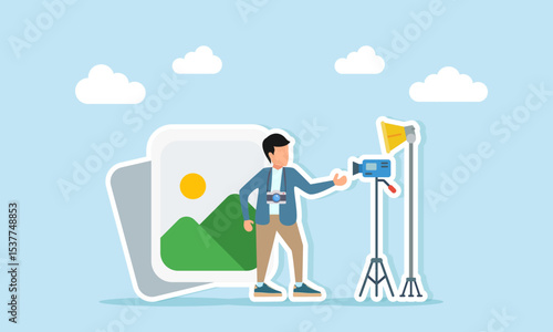 Male photographer standing in front of photo icon with camera and lighting equipment illustration of setting lighting and positioning for photoshoot session