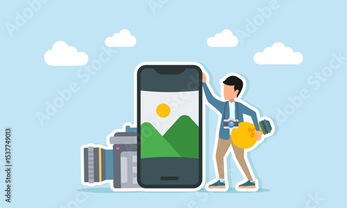 photographer holding light and camera standing near camera and smartphone displaying photo album illustration of searching for content ideas or photo material