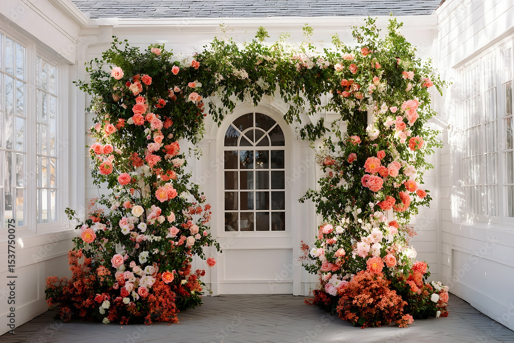 Fototapeta premium Floral archway adorned with vibrant roses and greenery.