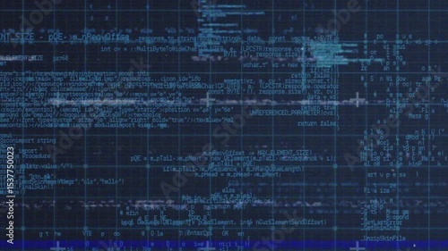 Dark blue grid starting code fragments appearing and waveform flickering simulating data corruption