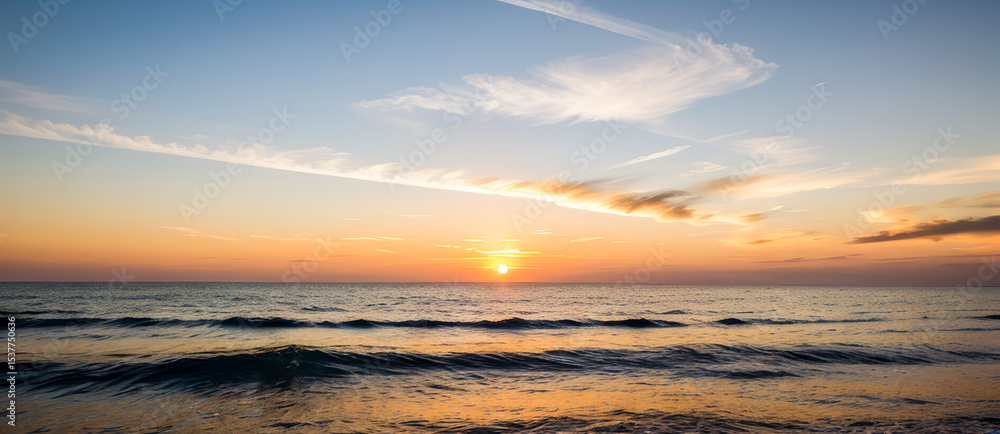 Fototapeta premium Ocean waves at sunset with colorful sky and clouds above the water.premium photo of sea and sun view for background