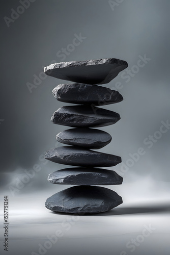 Black and white zen stones stacked in perfect balance, embodying harmony and relaxation