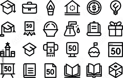 Collection of education and school outline icons isolated on transparent background