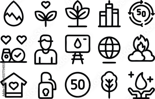 Collection of environmental and social responsibility line icons isolated on transparent background