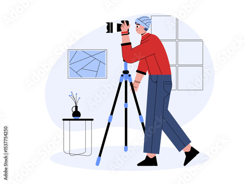 Photographer setting the camera for maximum shooting results. Professional photographer illustration. Cameraman concept. Flat vector illustration.
