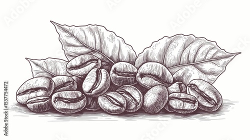 Hand drawn illustration of coffee beans and leaves.