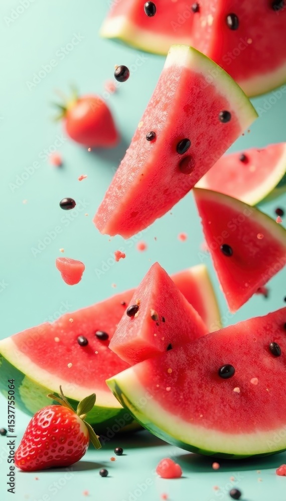 Juicy red watermelon slices falling on bright background, bright, ripe Juicy red watermelon slices falling on bright background, bright, ripe