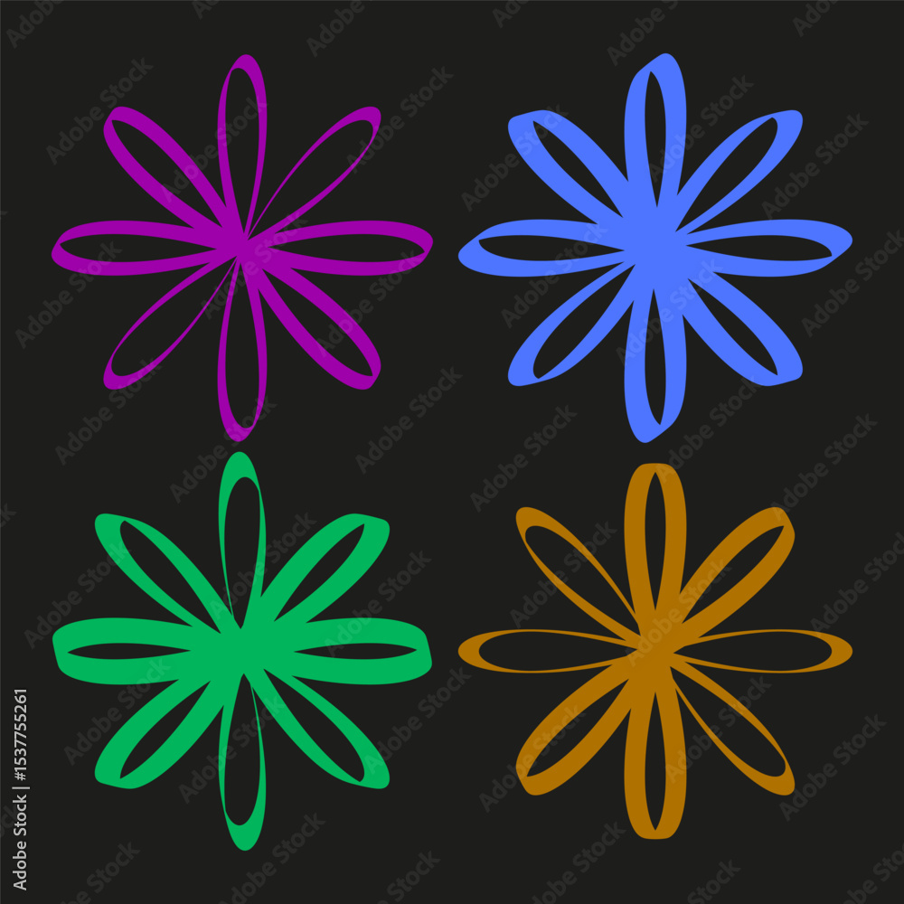 Obraz premium Multicolor flower icons. Abstract petal shapes. Vector floral symbols. Vibrant color graphic.