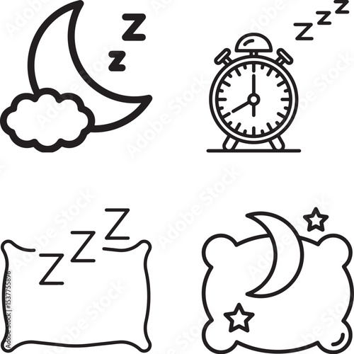 Sleep time icon set, moon pillow, and alarm clock.