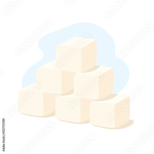 Five sugar cubes are neatly stacked on top of each other, showcasing their cubic shape and smooth surface against a soft, light background.