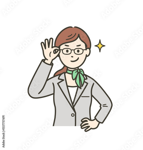 眼鏡を上げてニヤリと笑い自信を見せるスーツを着た受付係の若い女性