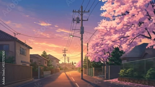 Anime style suburban street with cherry blossom trees and power lines glowing under warm sunset sky in peaceful neighborhood. Illustration background concept
