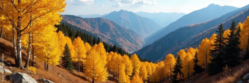 Fototapeta premium Golden aspen trees on mountain ridge, vibrant autumn foliage, aspen, clear
