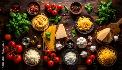 Flat lay of raw ingredients for Italian pasta: tomatoes, garlic, basil, spaghetti, parmesan, and chili flakes, on rustic dark wood table, editorial food photography style
