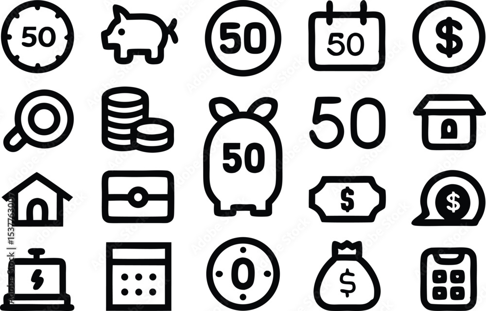 Financial icons grid outline icon set for business and finance applications isolated on transparent background Financial icons grid outline icon set for business and finance applications isolated on transparent background