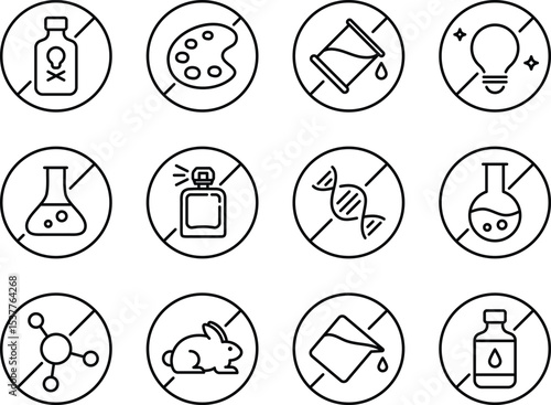 Free-from chemical labels icon set, representing product safety and purity. Ideal for cosmetics, cleaning products, personal care, food packaging, and eco-conscious branding