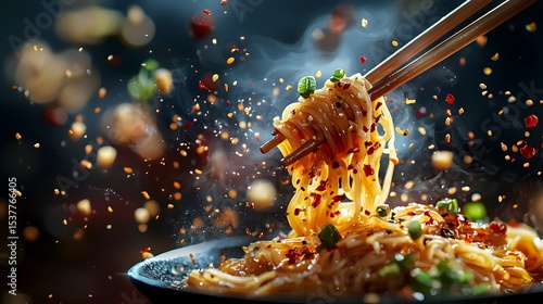 Noodles swirling around chopsticks in dynamic food
