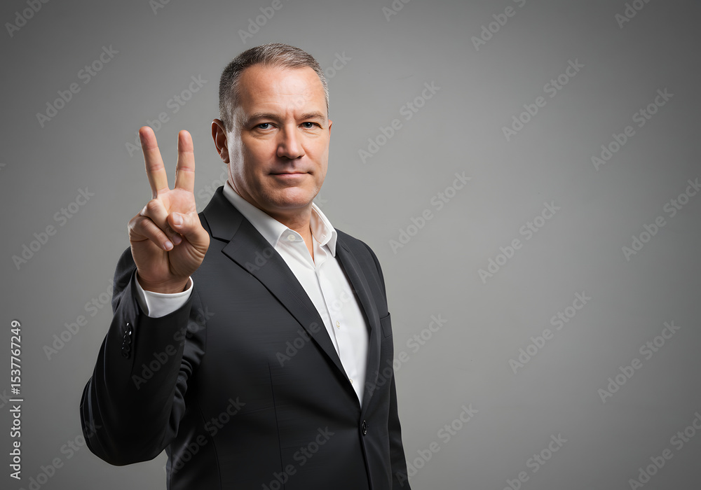 Businessman in suit making a peace sign against a neutral background. Businessman in suit making a peace sign against a neutral background.