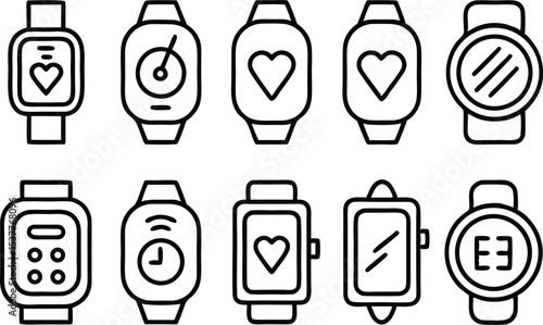 Fitness tracker outline icons set real time monitoring data isolated on transparent background