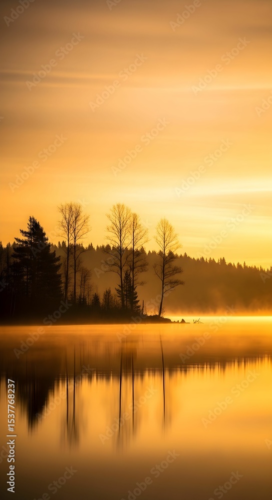 Fototapeta premium Golden Sunrise Over Misty Lake with Silhouetted Treeline and Perfect Reflections in Vertical Composition