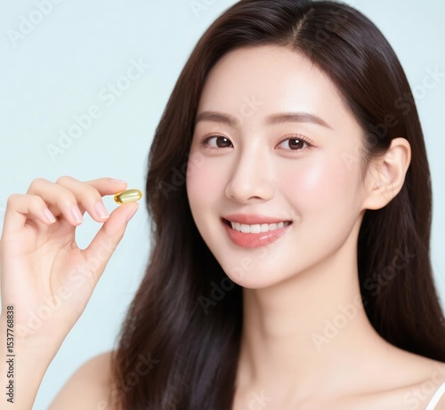 Fish Oil Supplement Concept with Asian Woman Holding Capsule, Skincare and Wellness Benefits
