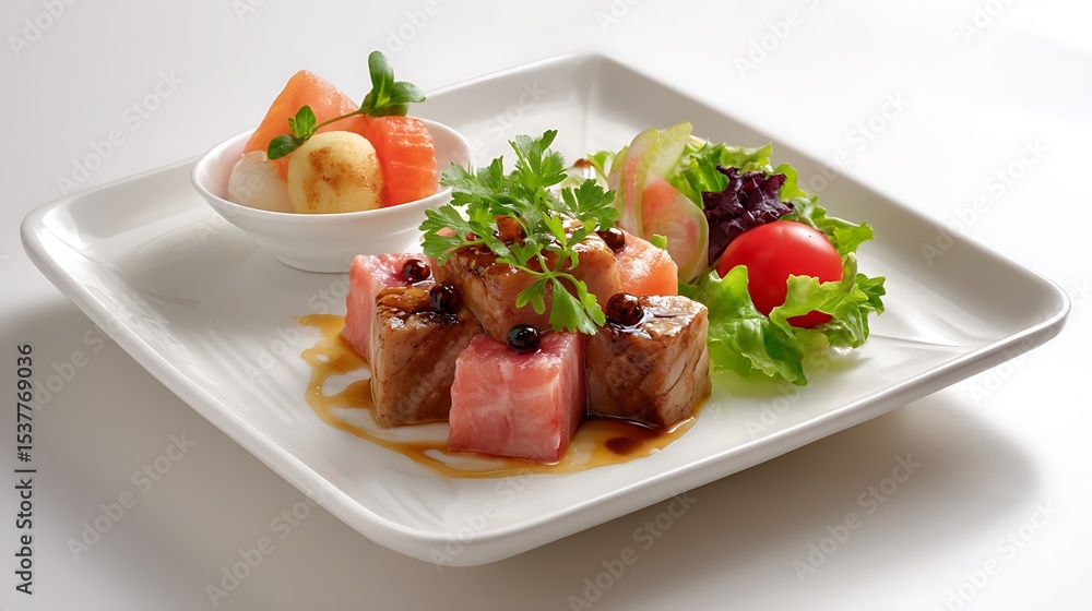 Close up of a square white plate with tuna cubes, salad, and fruit on a white background Close up of a square white plate with tuna cubes, salad, and fruit on a white background