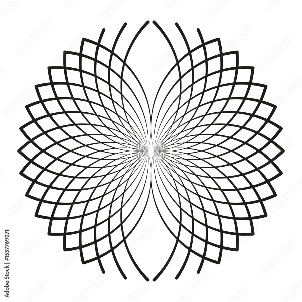 Obraz premium Petal shape illusion. Symmetrical black flower. Curved vector form. Abstract pattern icon.