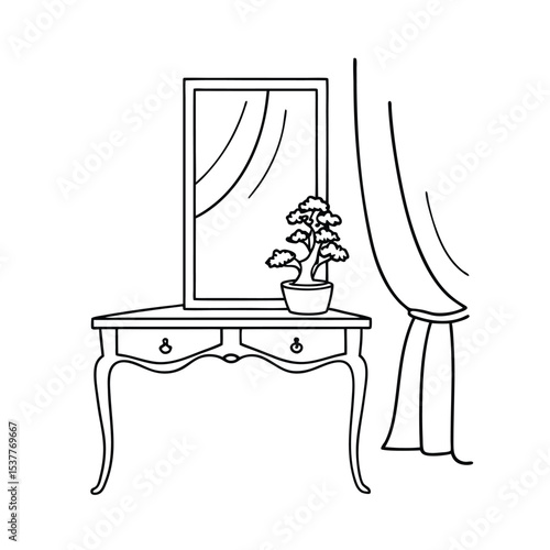 Elegant hand drawn illustration of a vanity table with mirror and bonsai tree