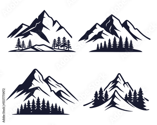 Four vector illustrations of mountains with pine trees in a simplified silhouette style.