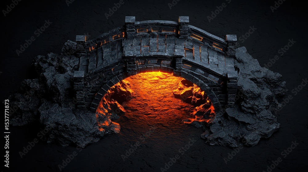 Fototapeta premium Optimistic Adventures Concept. Dark Fantasy Bridge Over Fiery Lava With Mythical Ambiance and Mystical Lighting Effects in a Unique Environment