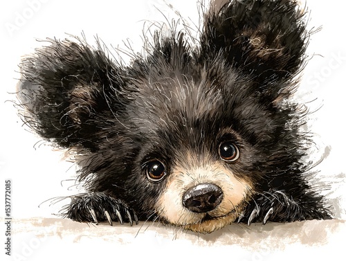 An endea watercolor painting of a black bear cub with curious eyes looking over a white surface.