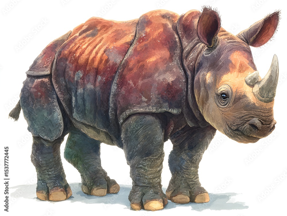 Fototapeta premium Watercolor painting of a young rhinoceros standing alone with detail on its skin against a white background.