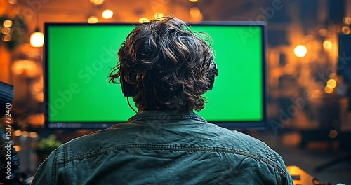 Person wearing headphones focused on green screen