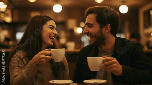 Couple laughing while drinking coffee in a cozy cafe setting, joyful and romantic moment