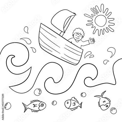 Coloring page. Boy sailing a boat on wavy water with fish.