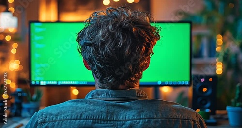 Person working on a computer with green screen backdrop