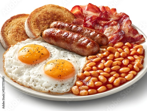 A hearty full English breakfast with eggs, bacon, sausage, beans, and toast is ready to be enjoyed now.