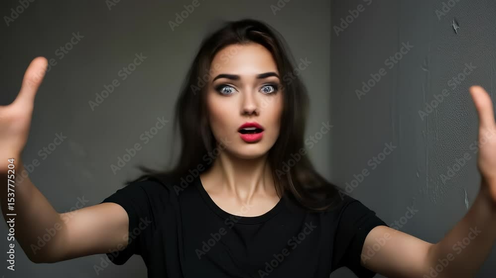 Woman with her hair flying, portrait, studio shot, and surprise face expression Woman with her hair flying, portrait, studio shot, and surprise face expression