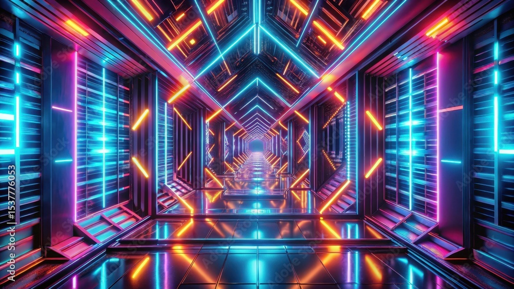 Intricate geometric patterns illuminated by neon lights in a futuristic setting Intricate geometric patterns illuminated by neon lights in a futuristic setting
