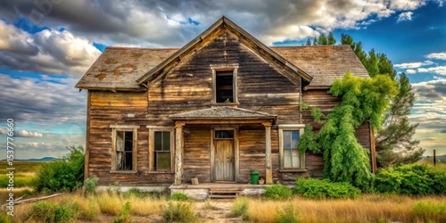 A crumbling wooden house with overgrown vegetation and a boarded-up window in the middle of a deserted town square