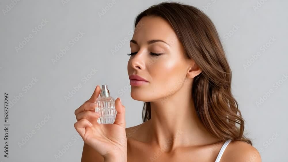 Aromatherapy: A beautiful lady delicately inhales the fragrant mist emanating from a perfume bottle, her eyes gently closed in a moment of sensory bliss. Aromatherapy: A beautiful lady delicately inhales the fragrant mist emanating from a perfume bottle, her eyes gently closed in a moment of sensory bliss.