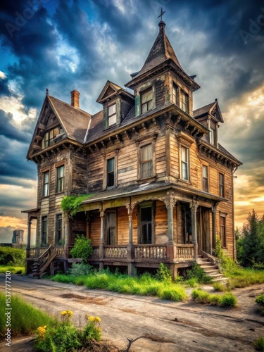 A decaying wooden mansion stands alone in a deserted town square surrounded by rubble and overgrown vegetation